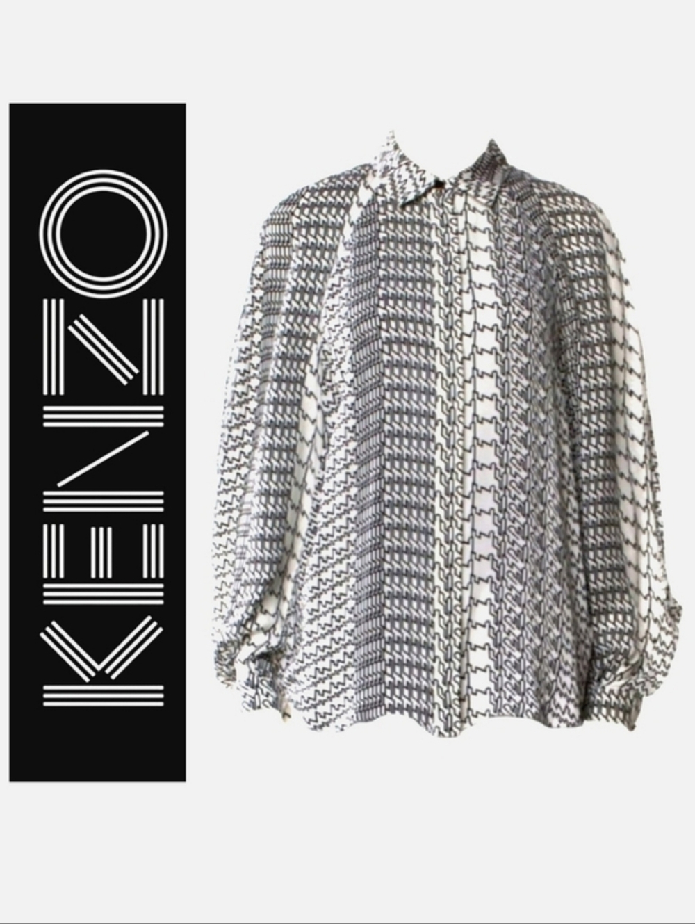 KENZO PARIS Vintage Black & Off White Print Open Sleeve Silk Blouse Sz 44 US XL